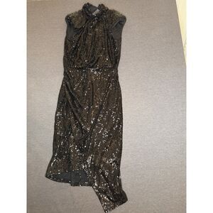 Express XS Black Sequin Cocktail Midi Dress Cowl Neck Asymmetrical Party